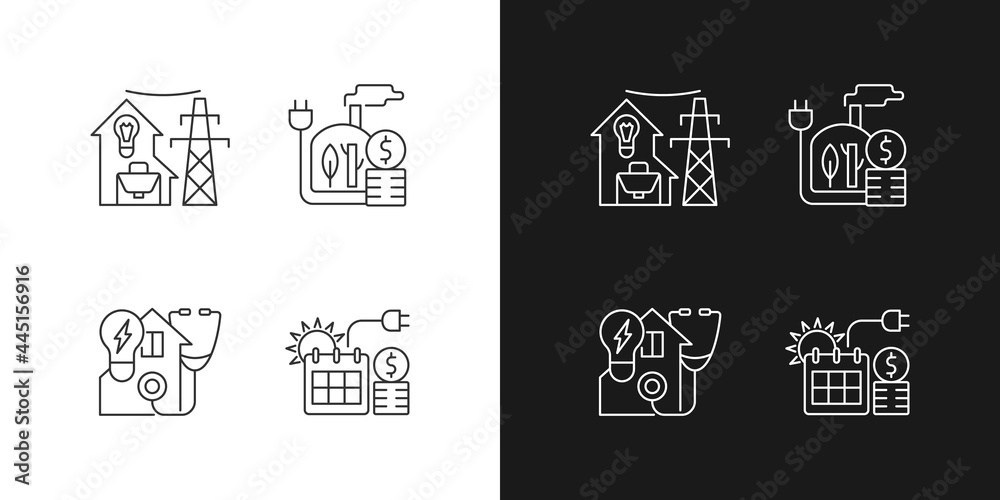 Electrical energy purchase linear icons set for dark and light mode. Biomass power. Electricity consumption. Customizable thin line symbols. Isolated vector outline illustrations. Editable stroke