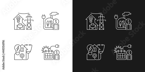 Electrical energy purchase linear icons set for dark and light mode. Biomass power. Electricity consumption. Customizable thin line symbols. Isolated vector outline illustrations. Editable stroke