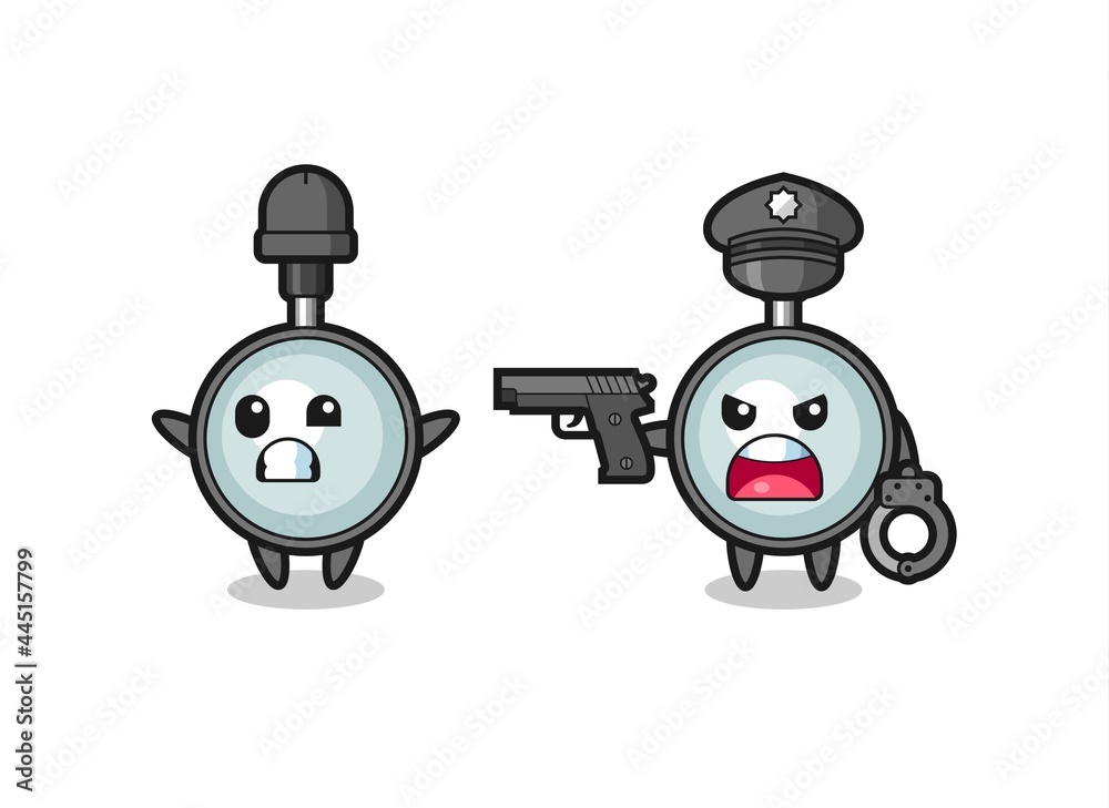 illustration of magnifying glass robber with hands up pose caught by police illustration of magnifying glass robber with hands up pose caught by police