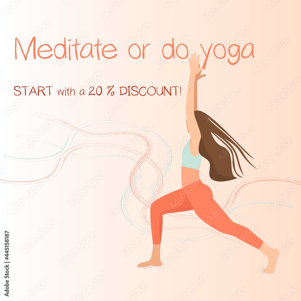 flat illustration for banners, posters, leaflets. A beautiful young girl meditates or does yoga. Keeps balance. A sporty lifestyle. Discount in a yoga studio or fitness flat illustration for banners, posters, leaflets. A beautiful young girl meditates or does yoga. Keeps balance. A sporty lifestyle. Discount in a yoga studio or fitness