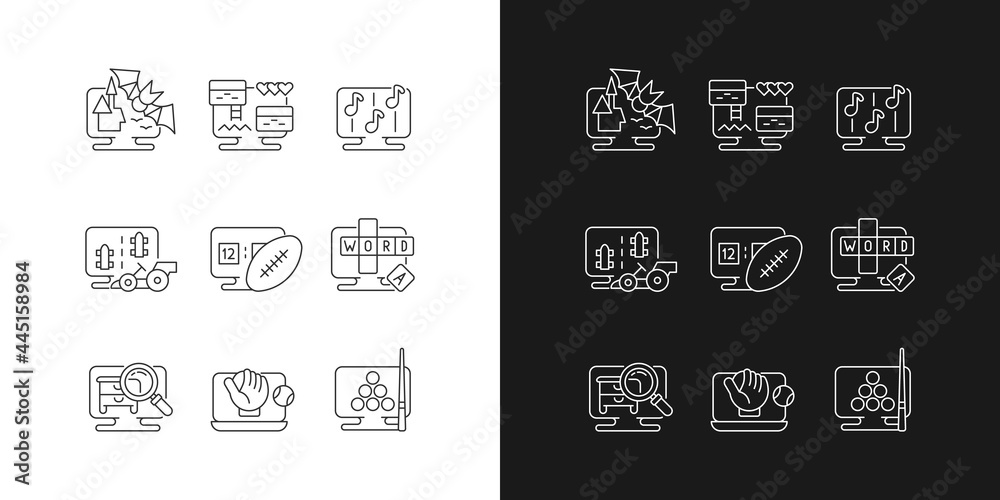 Online simulators linear icons set for dark and light mode. Playing cooperative games with friends or family. Customizable thin line symbols. Isolated vector outline illustrations. Editable stroke