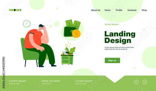 Sad unhappy person having money problem. Broke man feeling sad and depressed, staying home and thinking of unpaid loan. Vector illustration for bankrupt, financial crisis, depression concept