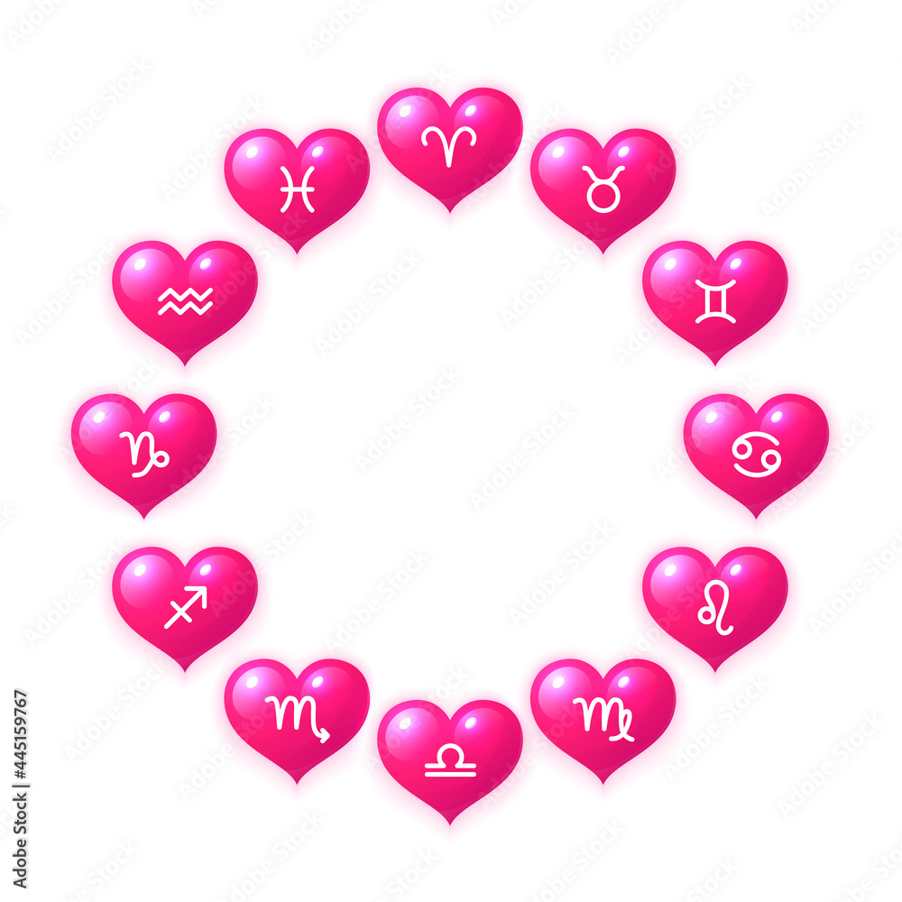 Hearts with zodiac signs inside in circular shape. Twelve glossy pink hearts astrological symbols. Love horoscope prediction design realistic vector illustration
