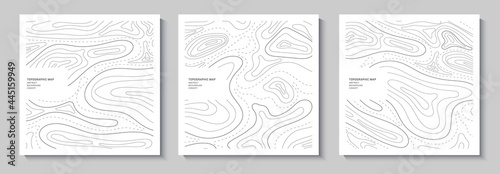 Set of topography flyers. Outline cartography landscape. Collection of three banners with topography relief map. Modern cover design with wavy lines. Vector illustration with weather outline pattern