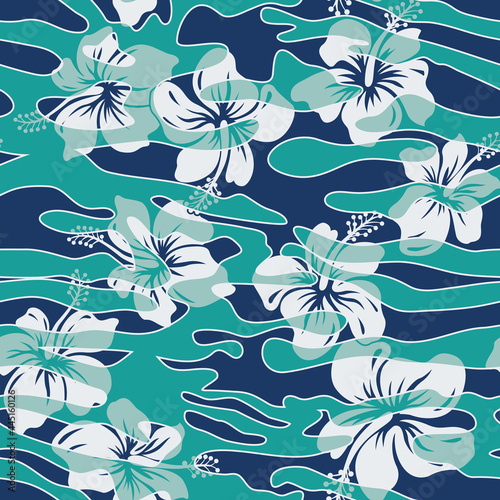 Camouflage wave wallpaper with hibiscus flower abstract vector seamless pattern