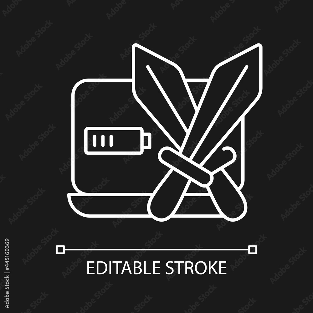 Combat games white linear icon for dark theme. Special genre which includes fighting. Thin line customizable illustration. Isolated vector contour symbol for night mode. Editable stroke Combat games white linear icon for dark theme. Special genre which includes fighting. Thin line customizable illustration. Isolated vector contour symbol for night mode. Editable stroke