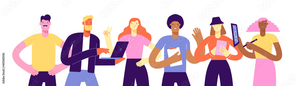 Vector picture for web banner. Modern business characters with devices in their hands. A team of people of modern professions. Illustration in flat design, isolated on white 