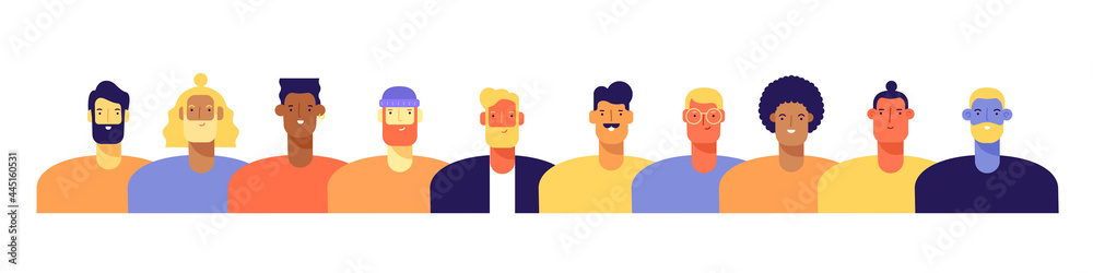 Group of men of different nationalities and cultures, skin colors and hairstyles. Society or population, social diversity. Cartoon characters. Vector illustration in flat design, isolated on white Group of men of different nationalities and cultures, skin colors and hairstyles. Society or population, social diversity. Cartoon characters. Vector illustration in flat design, isolated on white