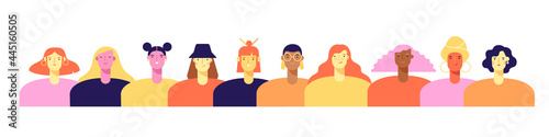 Young beautiful women of different nationalities. African, Asian, European, Muslim. Struggle for freedom, independence, equality. Ethnic beauty. Vector illustration, flat design, white isolated