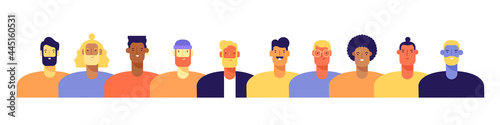 Group of men of different nationalities and cultures, skin colors and hairstyles. Society or population, social diversity. Cartoon characters. Vector illustration in flat design, isolated on white