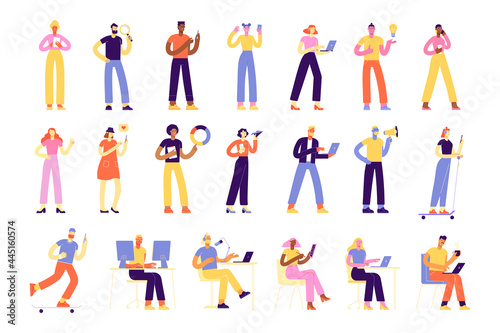 Vector collection of business characters and modern professions. Programmers, designers, marketers, SEO and SMM specialists. People in full growth. Illustrations in flat style, isolated on white