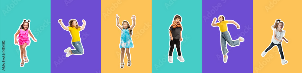 Art collage made of portraits of little and happy kids isolated on color studio background. Human emotions, facial expression concept Art collage made of portraits of little and happy kids isolated on color studio background. Human emotions, facial expression concept