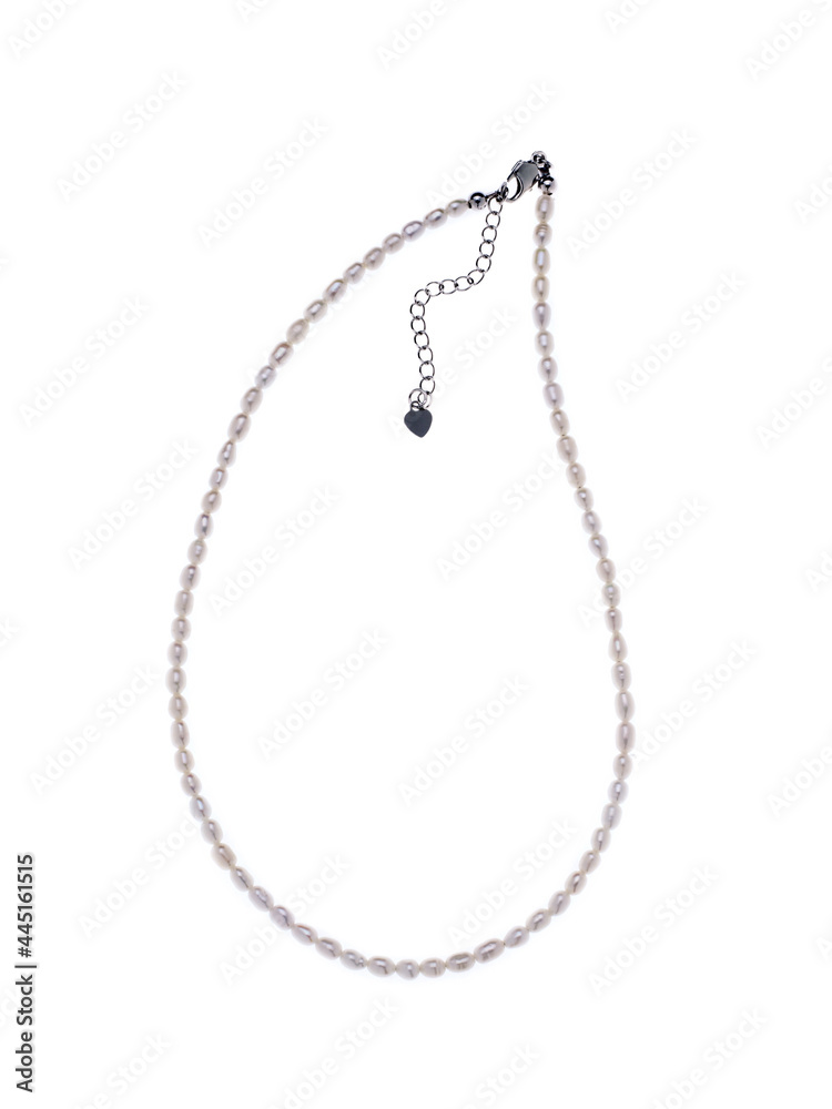 Luxury elegant baroque pearl silver necklace isolated on white background Luxury elegant baroque pearl silver necklace isolated on white background