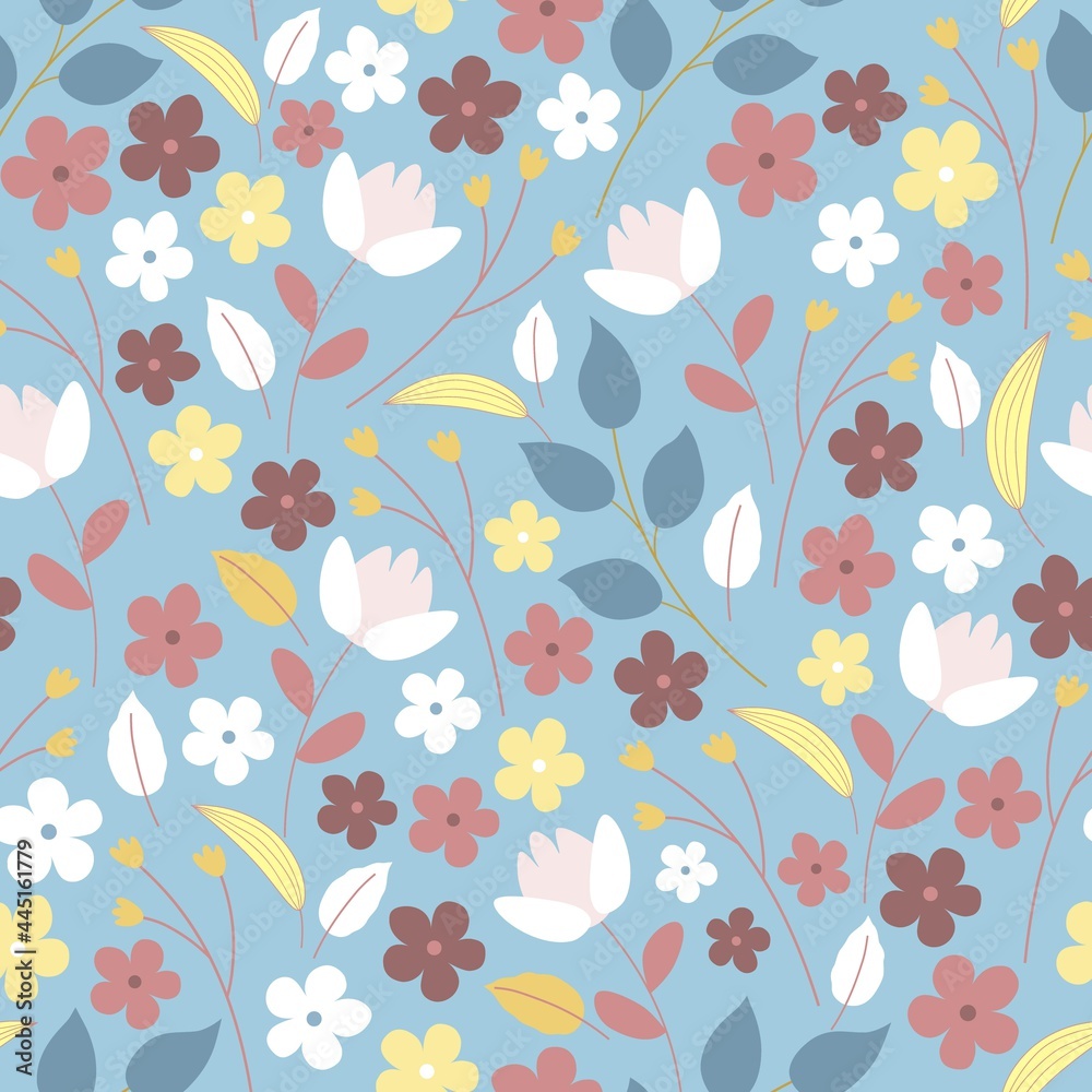 custom made wallpaper toronto digitalHand drawn seamless pattern with decorative flowers and plants on a blue background. Vector illustration