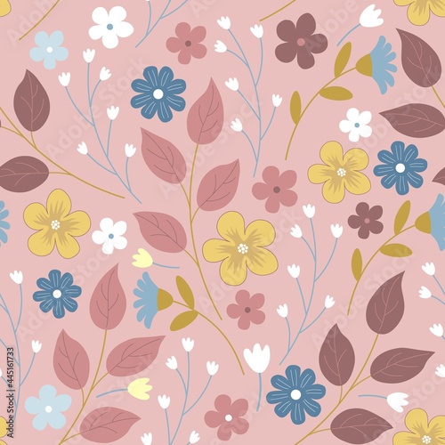 Hand drawn seamless pattern with decorative flowers and plants on a blush background. Vector illustration