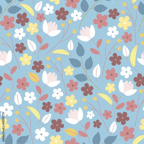 Wallpaper Mural Hand drawn seamless pattern with decorative flowers and plants on a blue background. Vector illustration Torontodigital.ca