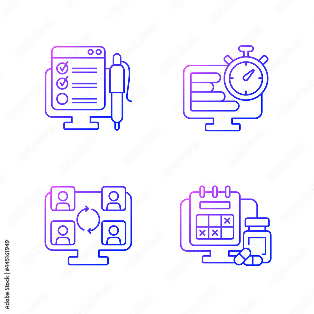 Tracking for remote work gradient linear vector icons set. Online form with control checklist. Work monitoring tools. Thin line contour symbols bundle. Isolated vector outline illustrations collection Tracking for remote work gradient linear vector icons set. Online form with control checklist. Work monitoring tools. Thin line contour symbols bundle. Isolated vector outline illustrations collection