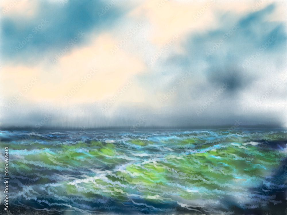 Naklejka premium Digital watercolor paintings landscape, storm over the sea