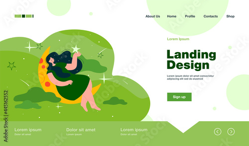 Happy woman sitting on crescent and holding star flat vector illustration. Cartoon character sleeping, relaxing and dreaming at night. REM state and healthy dreams concept
