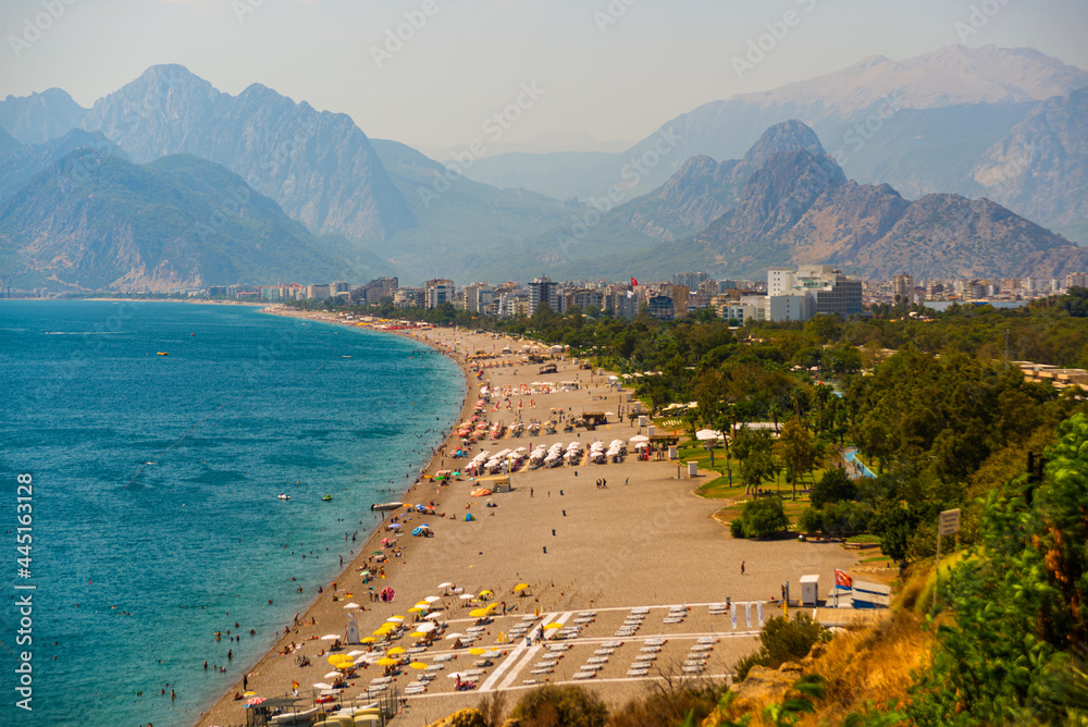 ANTALYA, TURKEY: Top view of Konyaalti beach in Antalya.