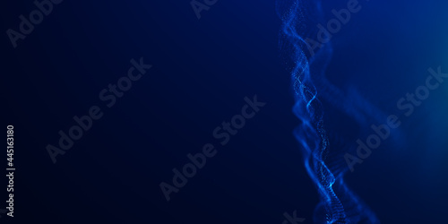 Abstract colorful digital particles wave with bokeh and light background, 3d render wave line dot background, line wave light glowing effect particular. Digital technology particular background.