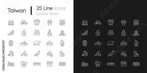 Taiwan linear icons set for dark and light mode. Taiwanese traditional national items. Ethnic heritage. Customizable thin line symbols. Isolated vector outline illustrations. Editable stroke
