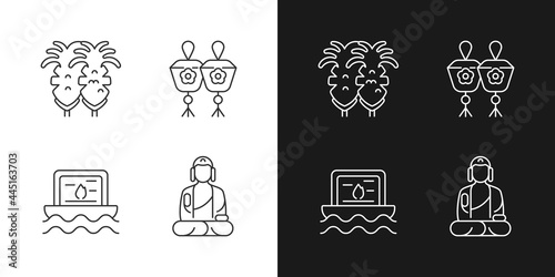 Taiwanese culture linear icons set for dark and light mode. Fried squid. Shan Buddha Museum. Religious ceremony. Customizable thin line symbols. Isolated vector outline illustrations. Editable stroke
