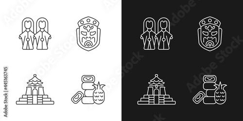 Asian ceremonial white linear icons set for dark theme. Taiwanese theatre. Oriental entertainment props. Customizable thin line symbols. Isolated vector outline illustrations. Editable stroke