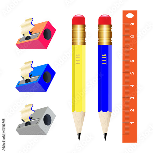 Set of school student pencil sharpener with shavings, pencil, ruler. Vector illustration of office supplies. Design for school poster, signboard, booklet, notebook