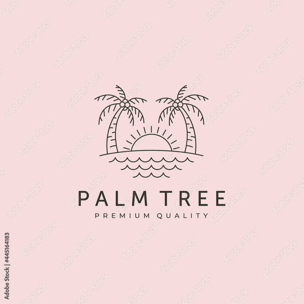 Naklejka premium tropical sunset on beach logo vector line art minimal illustration design