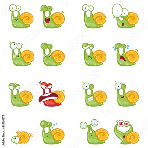 Funny snail emoticons set. Collection of stickers with cartoon snails isolated on a white background. Vector illustration.