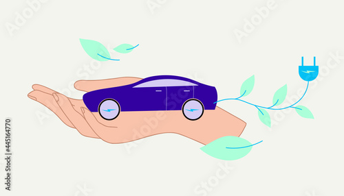 Illustration vectorielle, main avec une voiture électrique. Illustration sur le thème de l'écologie. Protection de l'environnement. Voiture à énergie renouvelable. Véhicule à recharger.