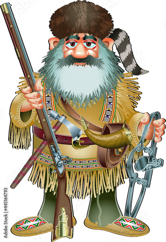 cartoon style fur hunter with musket and beaver trap photo