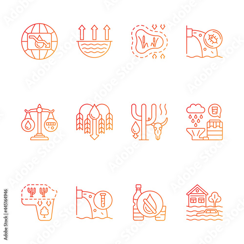 Global water crisis gradient linear vector icons set. Water resources contamination. Reuse, recycling. Crop shortage. Thin line contour symbols bundle. Isolated vector outline illustrations collection