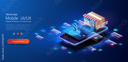 Online purchases in the app, digital marketing on the Internet, a credit card with money and a box in the form of a store on the smartphone screen. Payment, delivery of order from Internet marketplace