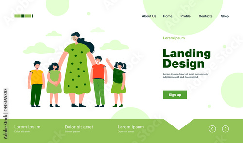 Female teacher and kids walking outdoors. Woman watching group of school children on grass. Vector illustration for pedagogy, education, daycare concept