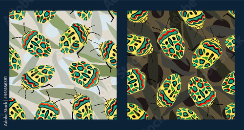 Vector collection of seamless patterns with picasso bugs and leaves.