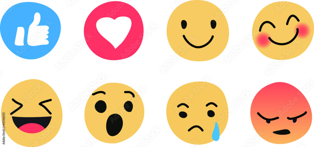 Fototapeta premium Vector Emoji Set with Different Reactions for Social Network Isolated on White Background. Modern Emoticons Collection in Flat Style Design Hand Drawn