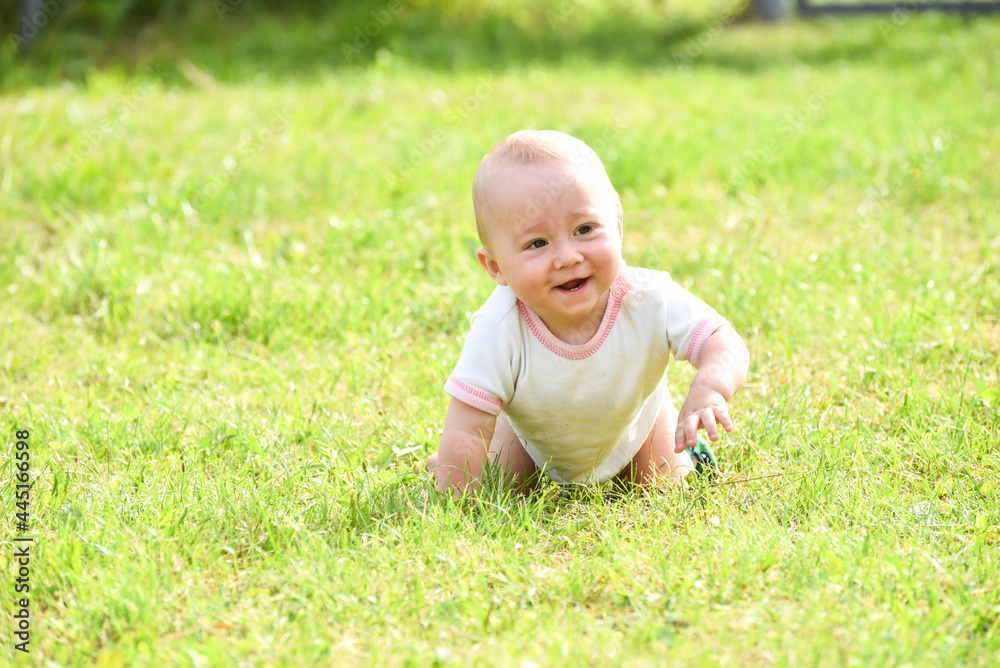 Cute one year boy climbing in grass,summer photo Cute one year boy climbing in grass,summer photo