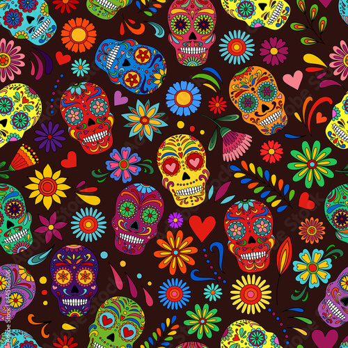 Day of the Dead  skulls pattern. Dia de los muertos print. Day of the dead and  mexican Halloween texture. Mexican tradition  festival. Day of the dead sugar skull isolated. Dia de los Muertos tattoo 