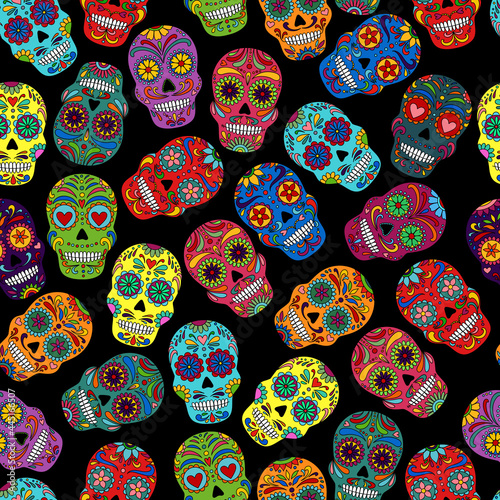 Day of the Dead  skulls pattern. Dia de los muertos print. Day of the dead and  mexican Halloween texture. Mexican tradition  festival. Day of the dead sugar skull isolated. Dia de los Muertos tattoo 