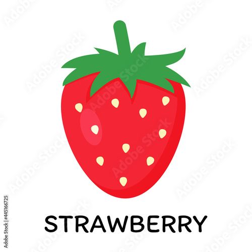 Red strawberry, vector illustration in cartoon flat stye. Food and berry concept. Print for recipes, restaurant, supermarket, market place. Vegetarian fresh food product for sticker, grocery shop