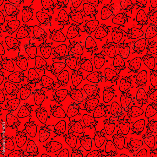 Seamless strawberries vector pattern. Doodle vector with strawberries icons on red background. Vintage strawberries pattern, sweet elements background for your project, menu, cafe shop.