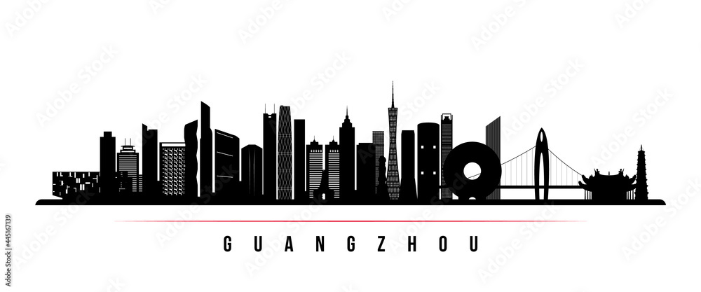 Guangzhou skyline horizontal banner. Black and white silhouette of Guangzhou, China. Vector template for your design.