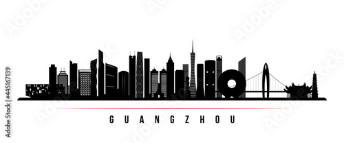 Guangzhou skyline horizontal banner. Black and white silhouette of Guangzhou, China. Vector template for your design.