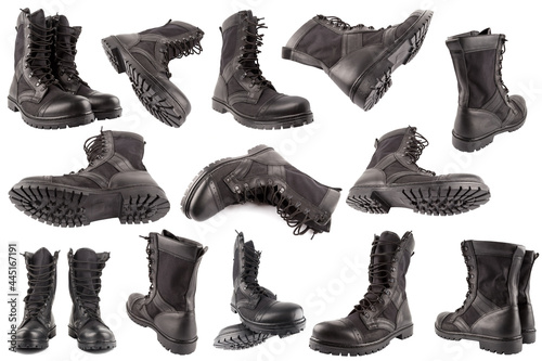 set of new black lightweight military boots isolated on white background, in different views  photo