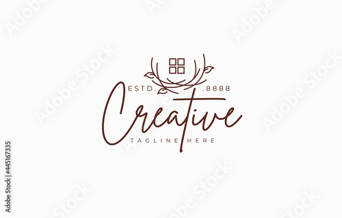Botanical House Logo Design Template. Twigs home nest Symbol Icon Line Art Vector