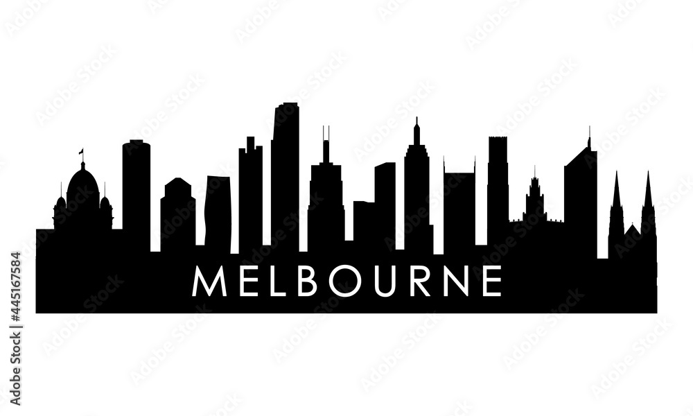 Melbourne skyline silhouette. Black Melbourne city design isolated on white background.