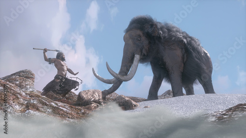 an ancient primitive caveman hunts a mammoth 3d render