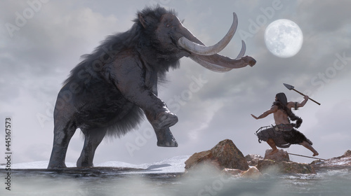an ancient primitive caveman hunts a mammoth 3d render